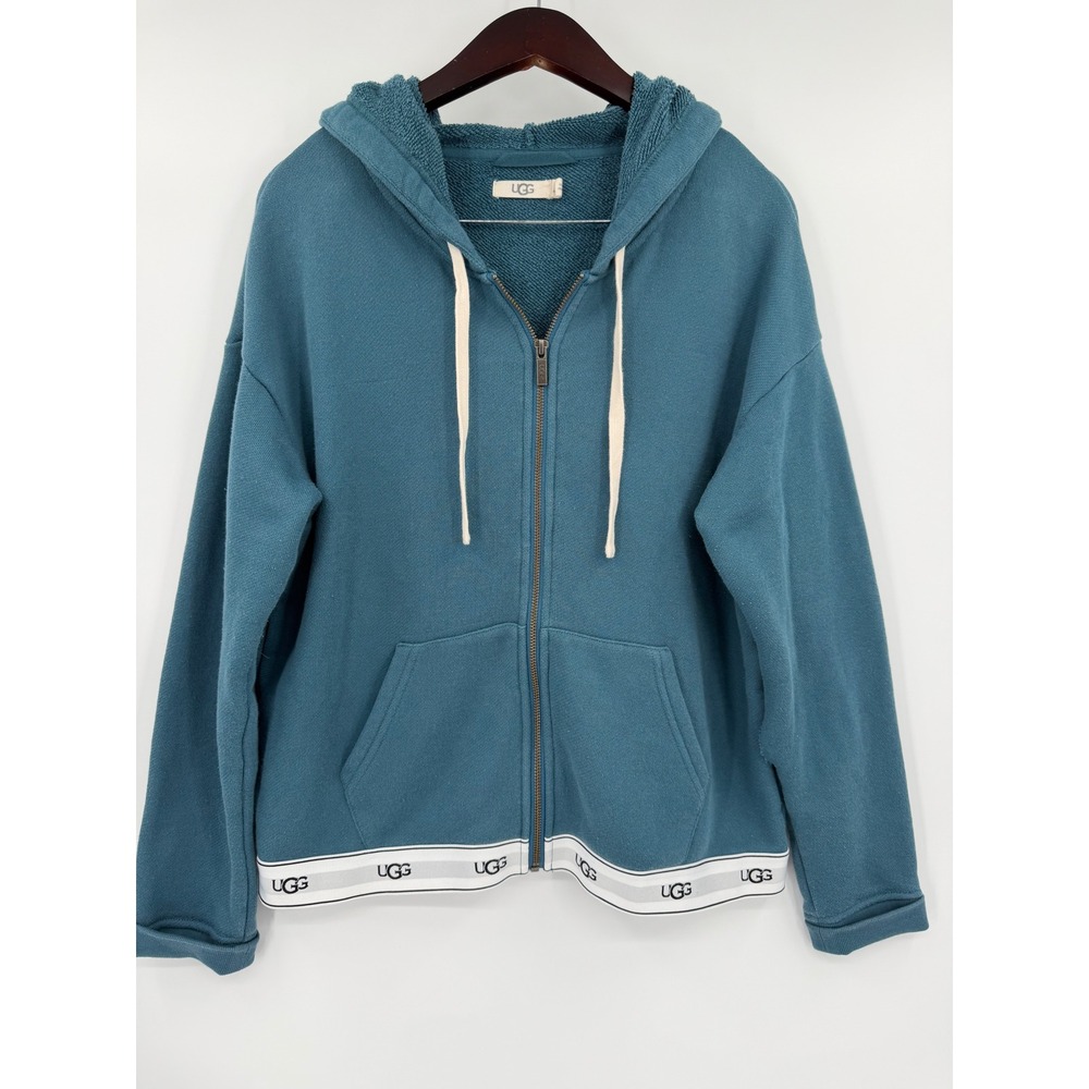 UGG Australia Teal Blue Logo Trim Full Zip Hoodie Sweatshirt 1113112 Size L